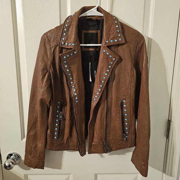 Maurtius NWT Leather Women's Turquoise Studded Leather Jacket Size S - Picture 1 of 15